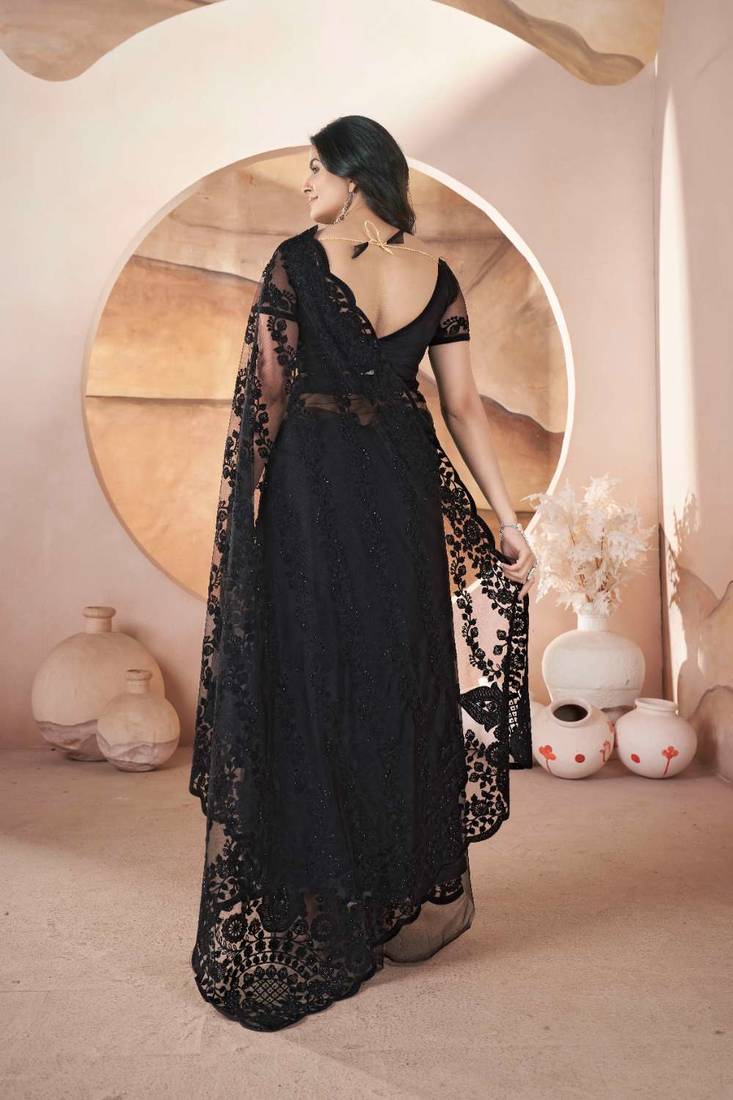 Black net embroidered aari work heavy look ethnic saree with blouse