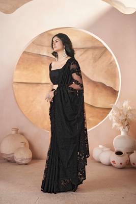Black net embroidered aari work heavy look ethnic saree with blouse 3