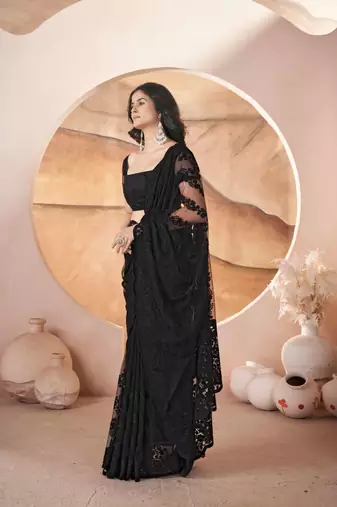 Black net embroidered aari work heavy look ethnic saree with blouse