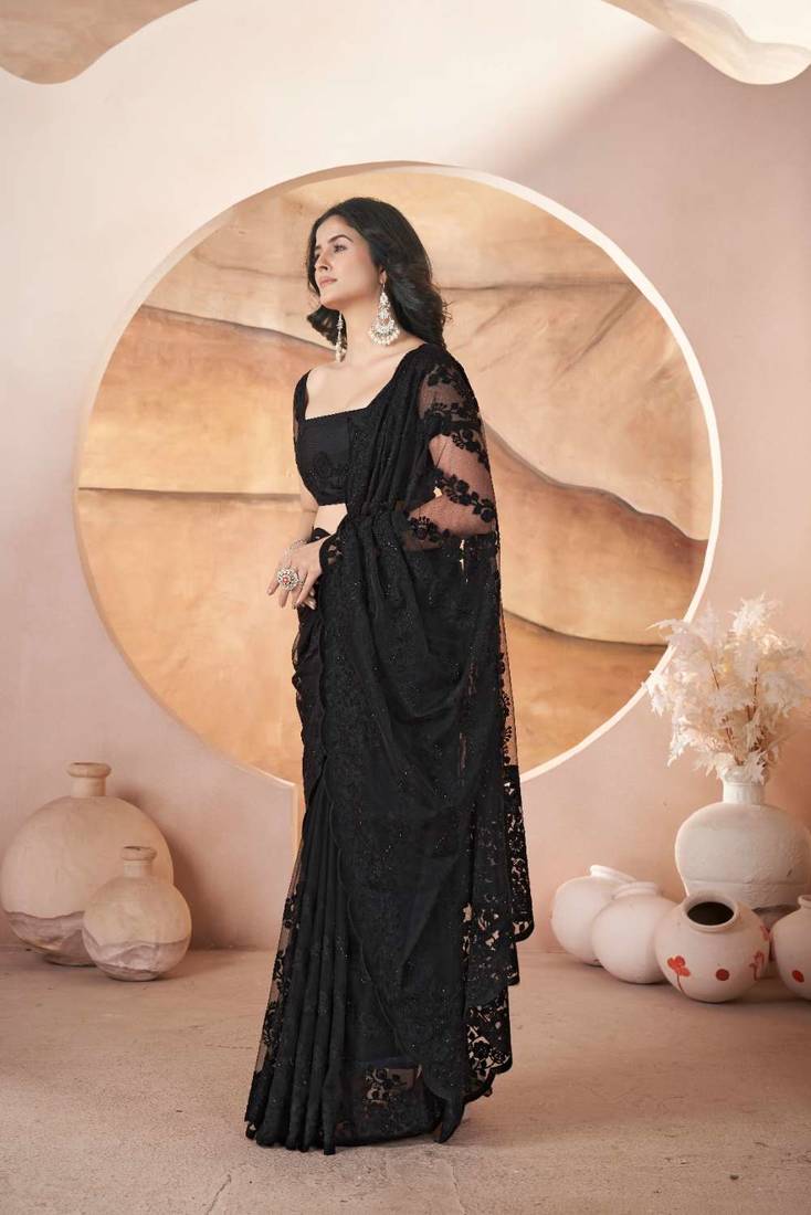 Black net embroidered aari work heavy look ethnic saree with blouse