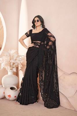 Black net embroidered aari work heavy look ethnic saree with blouse 4