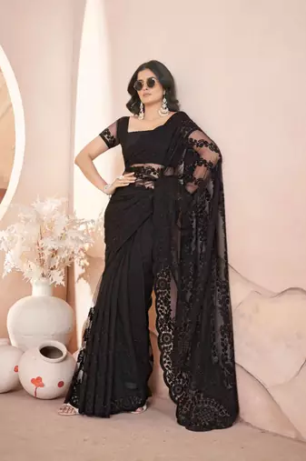 Black net embroidered aari work heavy look ethnic saree with blouse