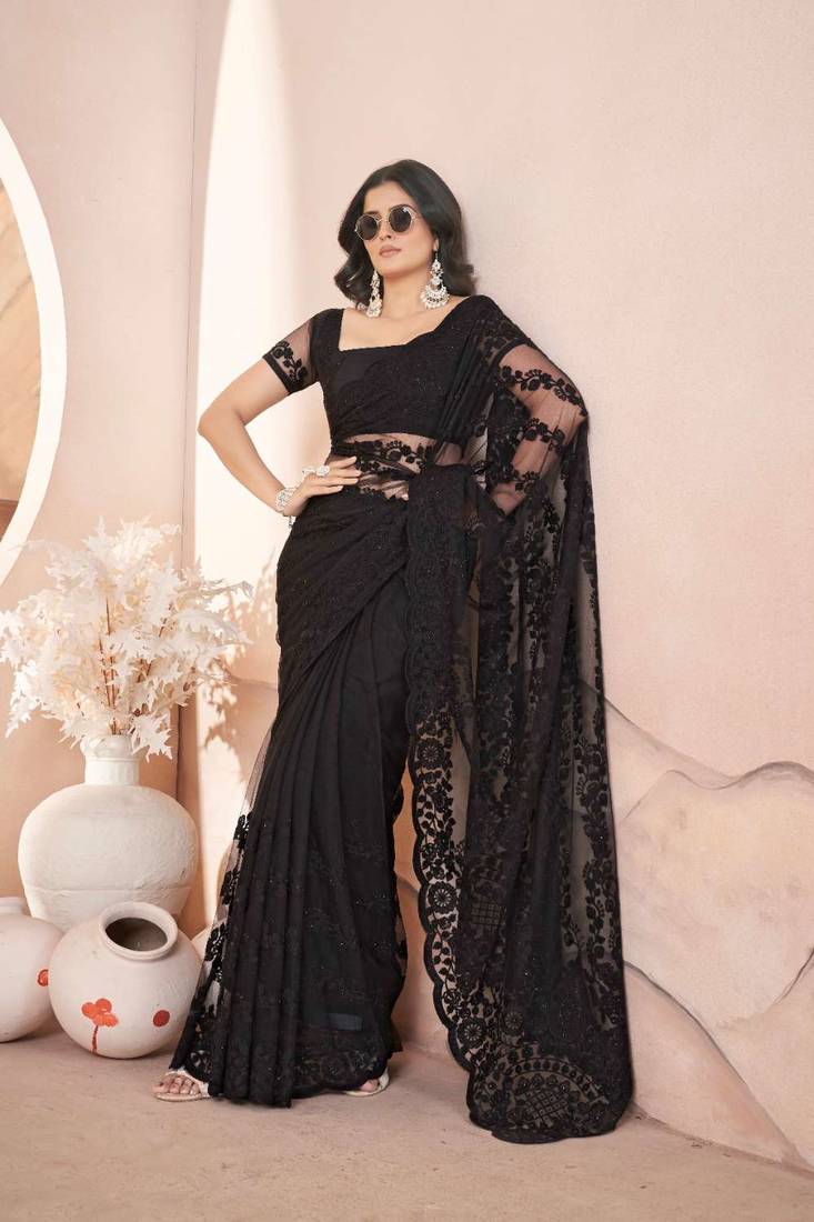 Black net embroidered aari work heavy look ethnic saree with blouse