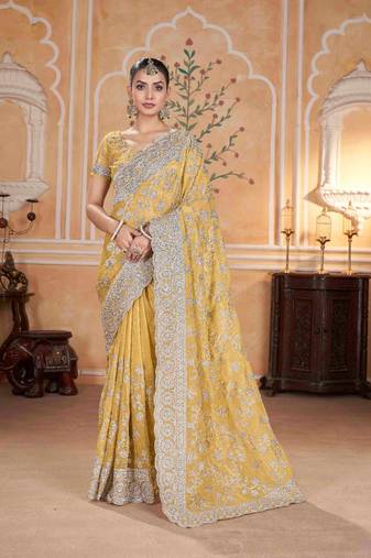 Yellow georgette embroidered thread work heavy look ethnic saree with blouse