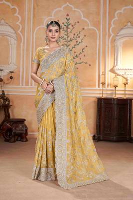 Yellow georgette embroidered thread work heavy look ethnic saree with blouse 1