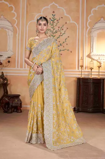 Yellow georgette embroidered thread work heavy look ethnic saree with blouse