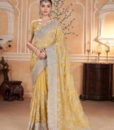Yellow georgette embroidered thread work heavy look ethnic saree with blouse