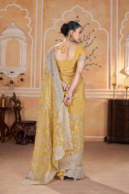Yellow georgette embroidered thread work heavy look ethnic saree with blouse 2