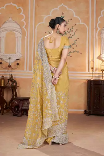 Yellow georgette embroidered thread work heavy look ethnic saree with blouse