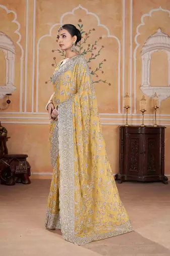 Yellow georgette embroidered thread work heavy look ethnic saree with blouse