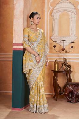 Yellow georgette embroidered thread work heavy look ethnic saree with blouse 4