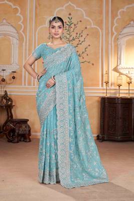 Teal georgette embroidered thread work heavy look ethnic saree with blouse 1