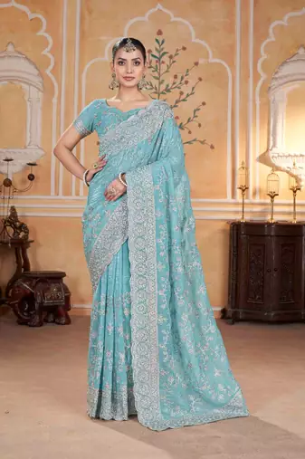 Teal georgette embroidered thread work heavy look ethnic saree with blouse