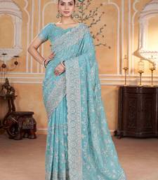 Teal georgette embroidered thread work heavy look ethnic saree with blouse