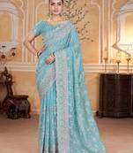 Teal georgette embroidered thread work heavy look ethnic saree with blouse