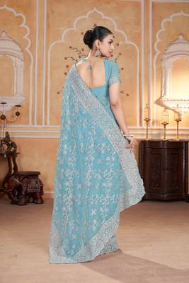 Teal georgette embroidered thread work heavy look ethnic saree with blouse 2
