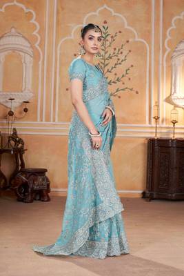 Teal georgette embroidered thread work heavy look ethnic saree with blouse 3