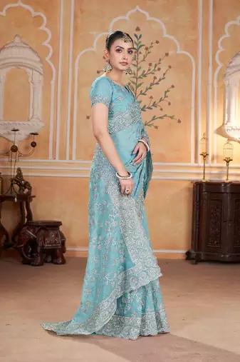 Teal georgette embroidered thread work heavy look ethnic saree with blouse