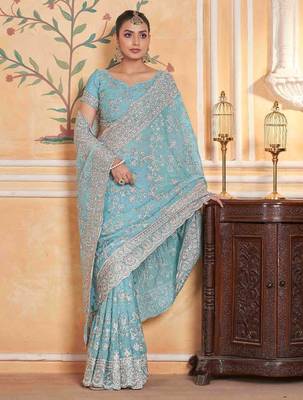Teal georgette embroidered thread work heavy look ethnic saree with blouse 4