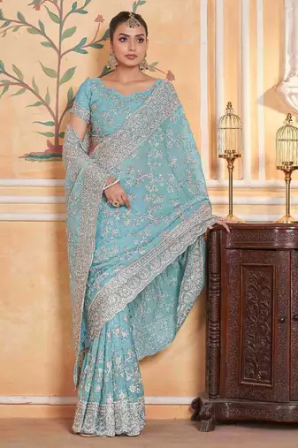 Teal georgette embroidered thread work heavy look ethnic saree with blouse