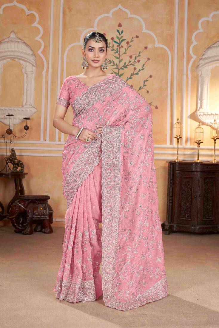 Peach georgette embroidered thread work heavy look ethnic saree with blouse