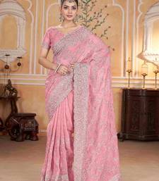 Peach georgette embroidered thread work heavy look ethnic saree with blouse