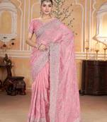 Peach georgette embroidered thread work heavy look ethnic saree with blouse