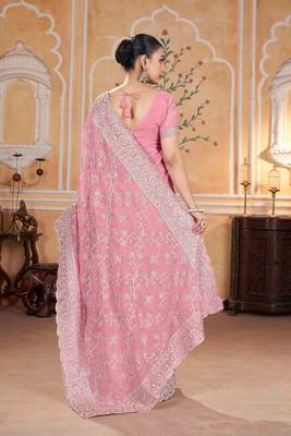 Peach georgette embroidered thread work heavy look ethnic saree with blouse 2