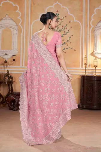 Peach georgette embroidered thread work heavy look ethnic saree with blouse