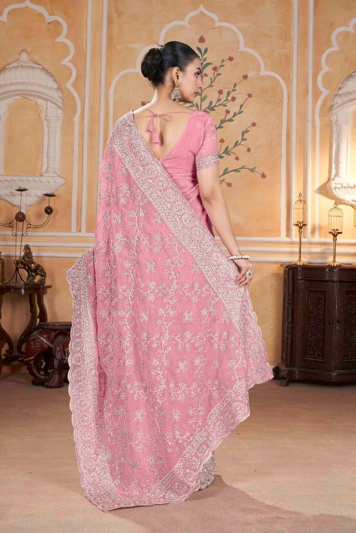 Peach georgette embroidered thread work heavy look ethnic saree with blouse