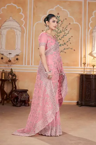 Peach georgette embroidered thread work heavy look ethnic saree with blouse