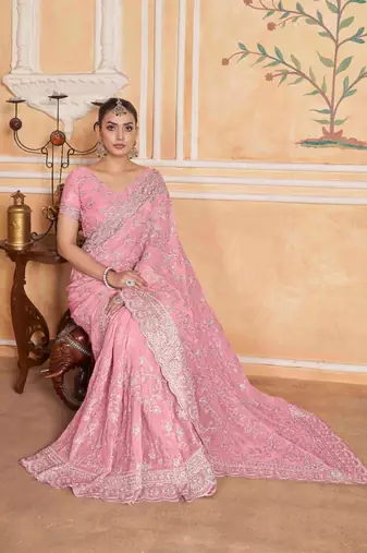 Peach georgette embroidered thread work heavy look ethnic saree with blouse