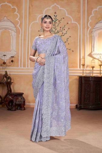 Lavender georgette embroidered thread work heavy look ethnic saree with blouse