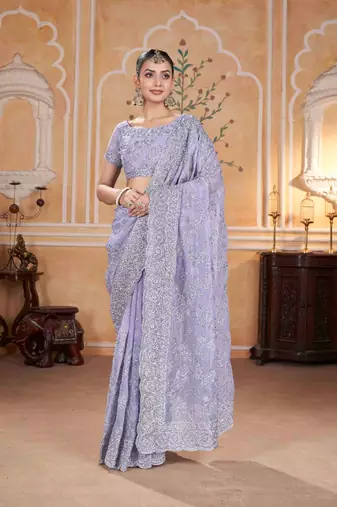 Lavender georgette embroidered thread work heavy look ethnic saree with blouse