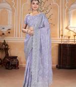 Lavender georgette embroidered thread work heavy look ethnic saree with blouse
