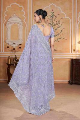 Lavender georgette embroidered thread work heavy look ethnic saree with blouse 2