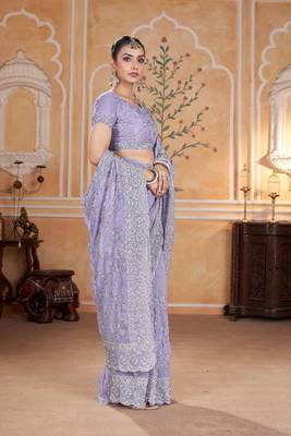 Lavender georgette embroidered thread work heavy look ethnic saree with blouse 3