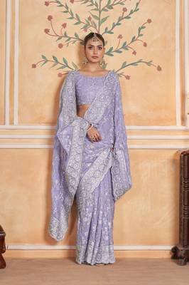Lavender georgette embroidered thread work heavy look ethnic saree with blouse 4