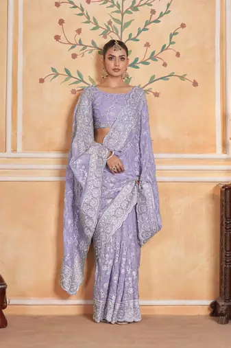 Lavender georgette embroidered thread work heavy look ethnic saree with blouse