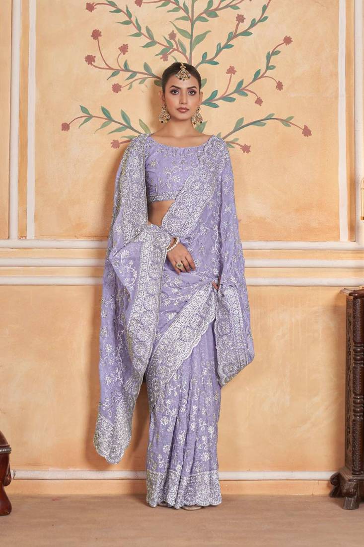 Lavender georgette embroidered thread work heavy look ethnic saree with blouse