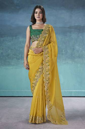 Yellow georgette embroidered sequins work heavy look ethnic saree with blouse