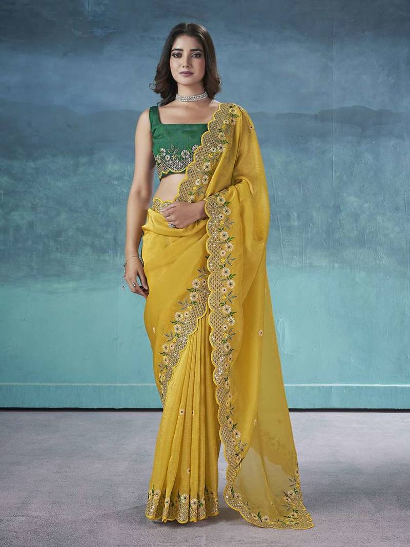 Yellow georgette embroidered sequins work heavy look ethnic saree with blouse