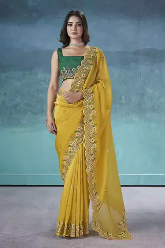 Yellow georgette embroidered sequins work heavy look ethnic saree with blouse