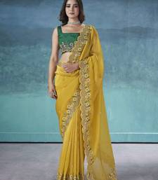 Yellow georgette embroidered sequins work heavy look ethnic saree with blouse