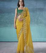 Yellow georgette embroidered sequins work heavy look ethnic saree with blouse