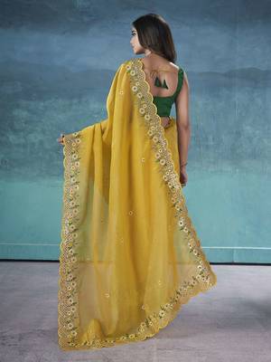 Yellow georgette embroidered sequins work heavy look ethnic saree with blouse 2