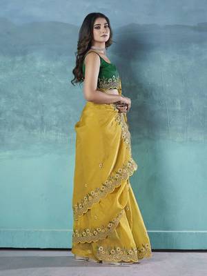 Yellow georgette embroidered sequins work heavy look ethnic saree with blouse 3