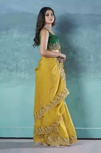 Yellow georgette embroidered sequins work heavy look ethnic saree with blouse