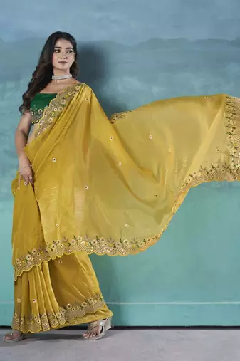 Yellow georgette embroidered sequins work heavy look ethnic saree with blouse
