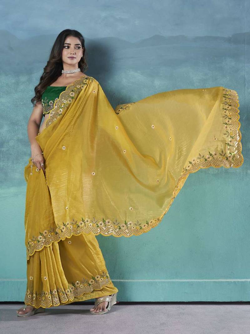 Yellow georgette embroidered sequins work heavy look ethnic saree with blouse